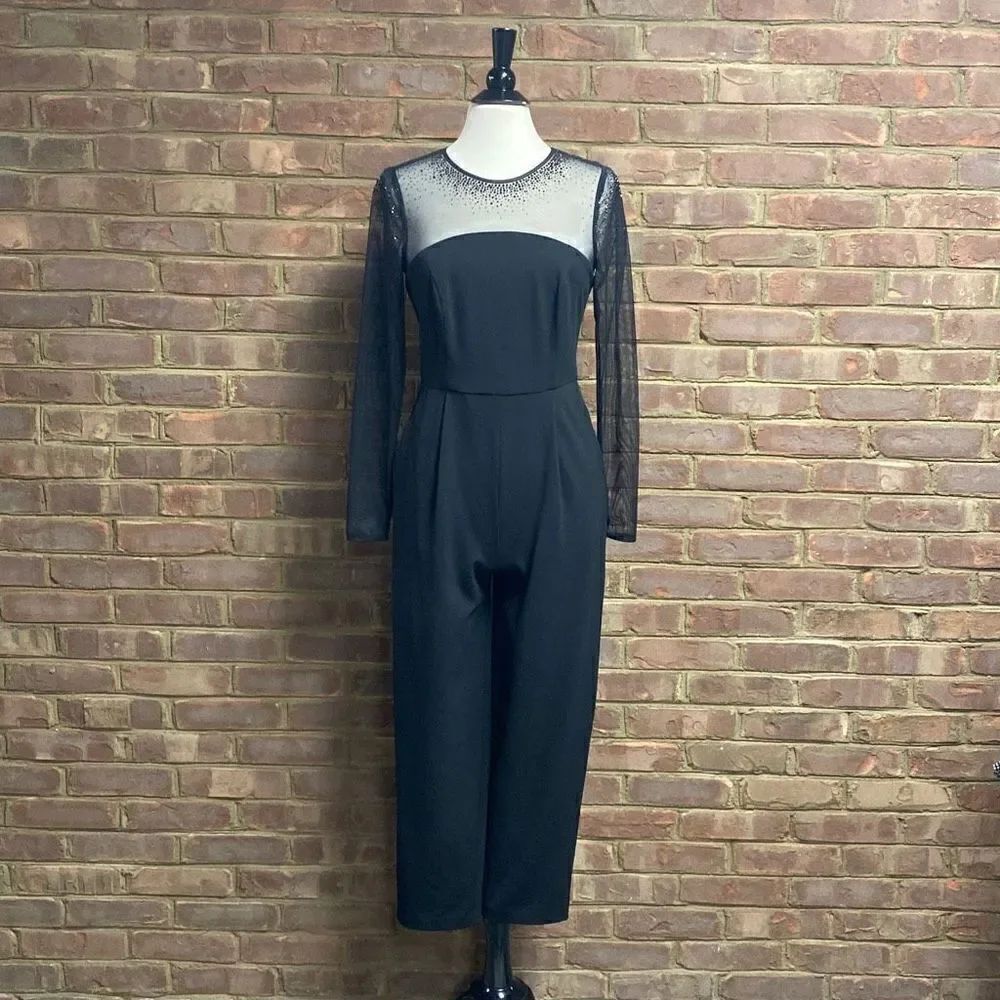 Calvin Klein Black Jeweled Sheer Long Sleeve Jumpsuit Size 6 - Picture 2 of 9